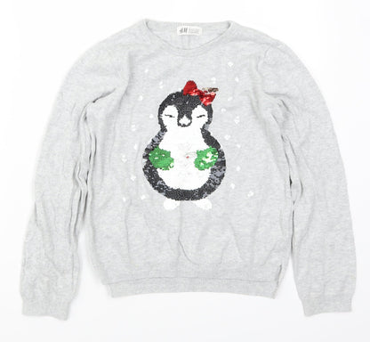 H&M Girls Grey   Pullover Jumper Size 9-10 Years  - Penguin