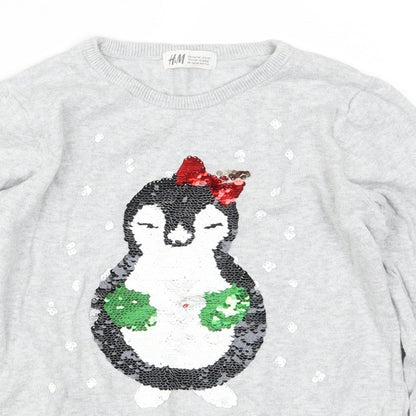 H&M Girls Grey   Pullover Jumper Size 9-10 Years  - Penguin