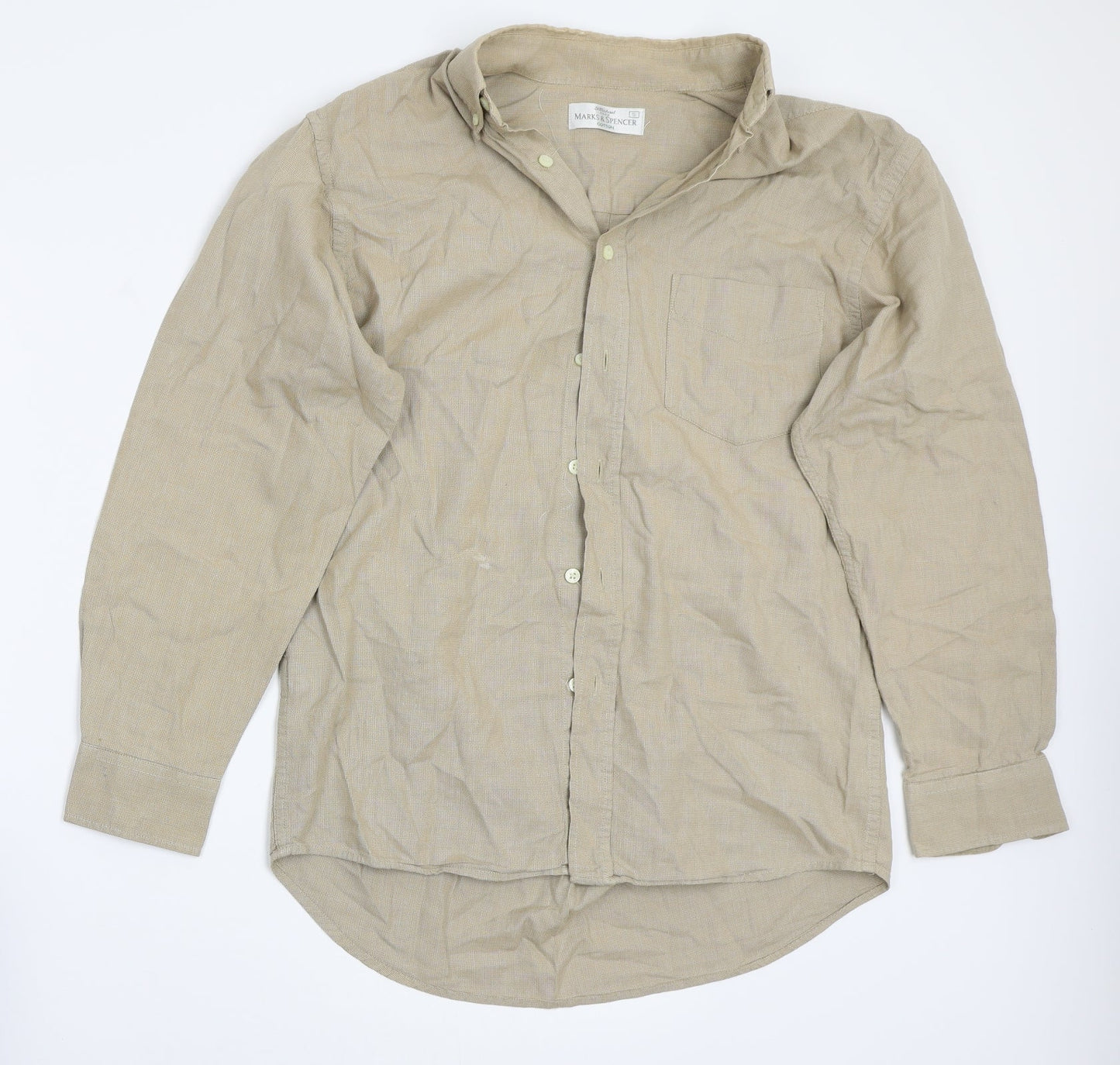 Mens UK Size S Marks and Spencer Beige  Button-Up Long Sleeve Casual Shirt