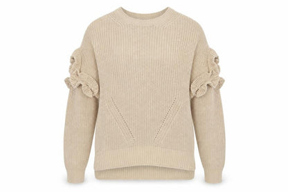 Front view of Miss Selfridge women’s beige knit jumper, size UK 12