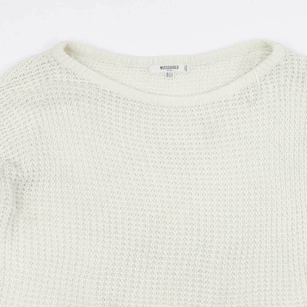 Close-up detail of Missguided women’s white knit jumper, size UK 14