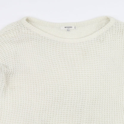 Close-up detail of Missguided women’s white knit jumper, size UK 14