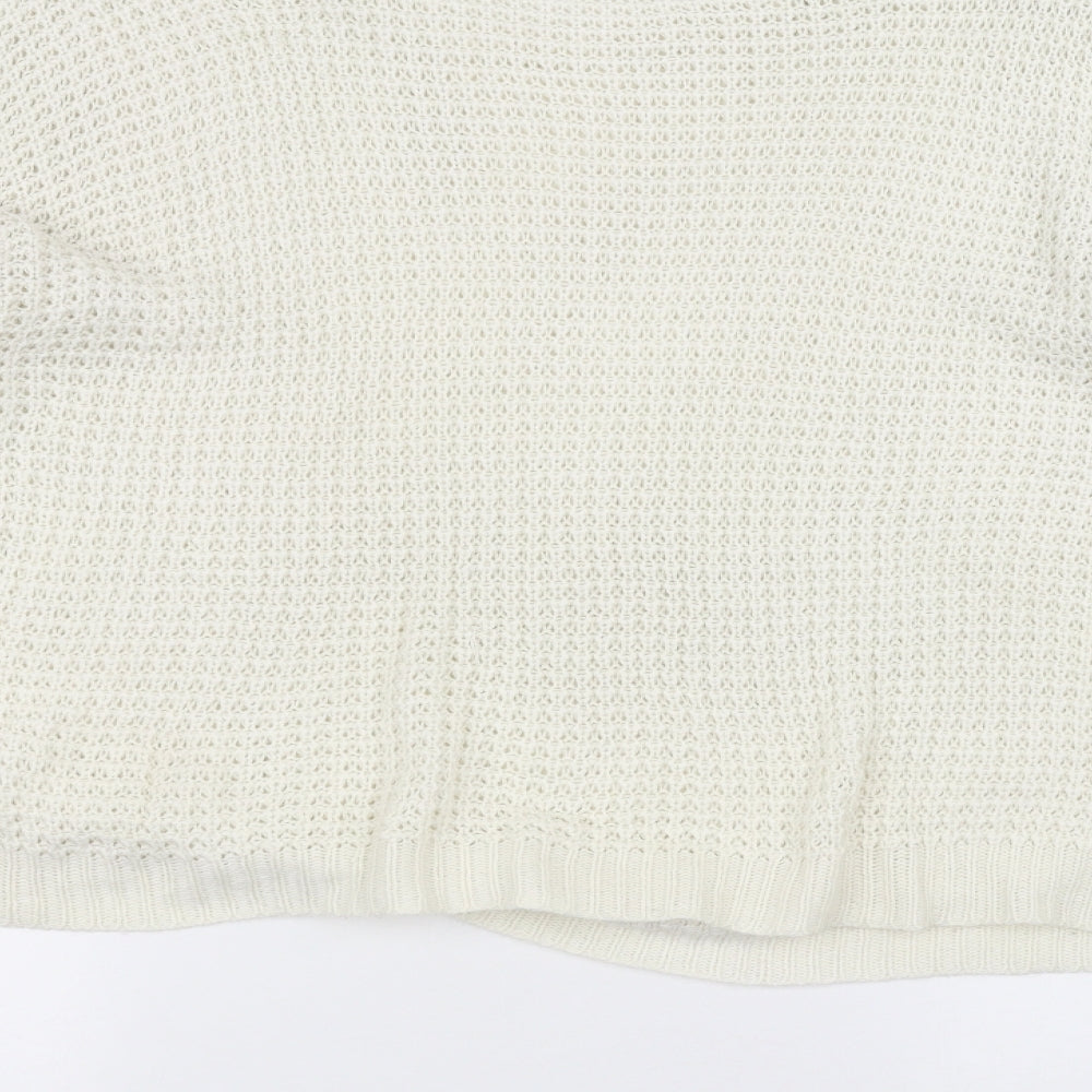 Brand and care label for Missguided women’s white knit jumper, size UK 14
