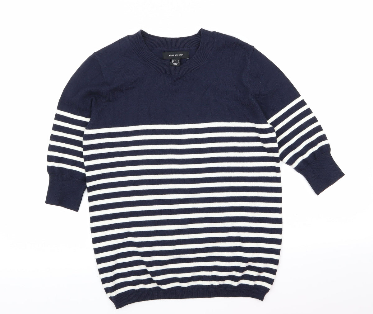 Front view of Atmosphere women’s blue striped jumper, size UK 10