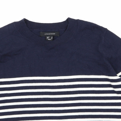 Close-up detail of Atmosphere women’s blue striped jumper, size UK 10