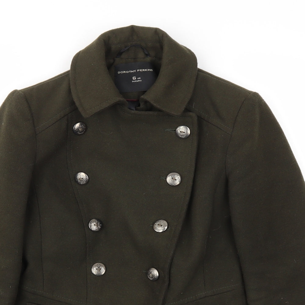 Close-up detail of Dorothy Perkins women’s green jacket coat, size UK 6