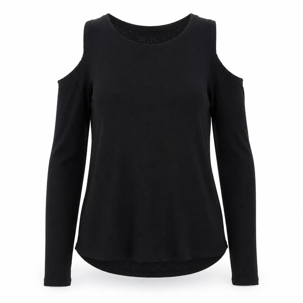 Front view of cotton:on women’s black knit jumper, size L, - open shoulders