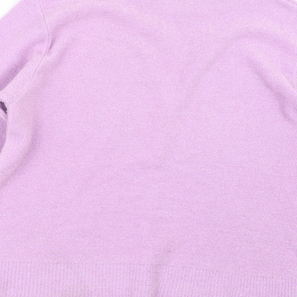 Brand and care label for 4 Me women’s purple knit jumper, size S