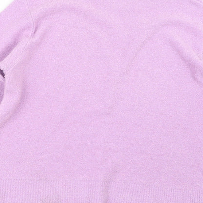 Brand and care label for 4 Me women’s purple knit jumper, size S