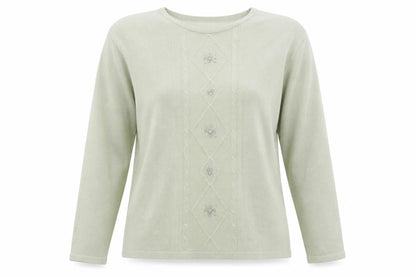 Front view of Akal Collection women’s green jumper, size L