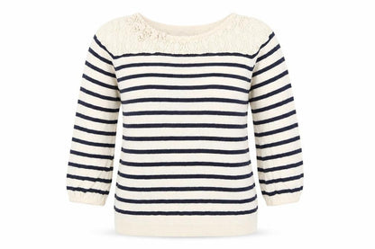 Earth Womens Ivory Striped  Basic T-Shirt Size S