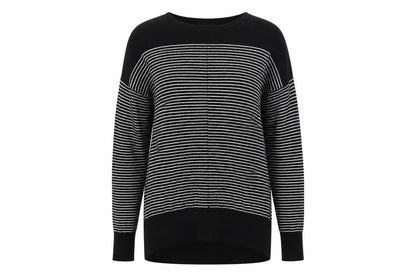 Front view of Atmosphere women’s black striped jumper, size UK 8