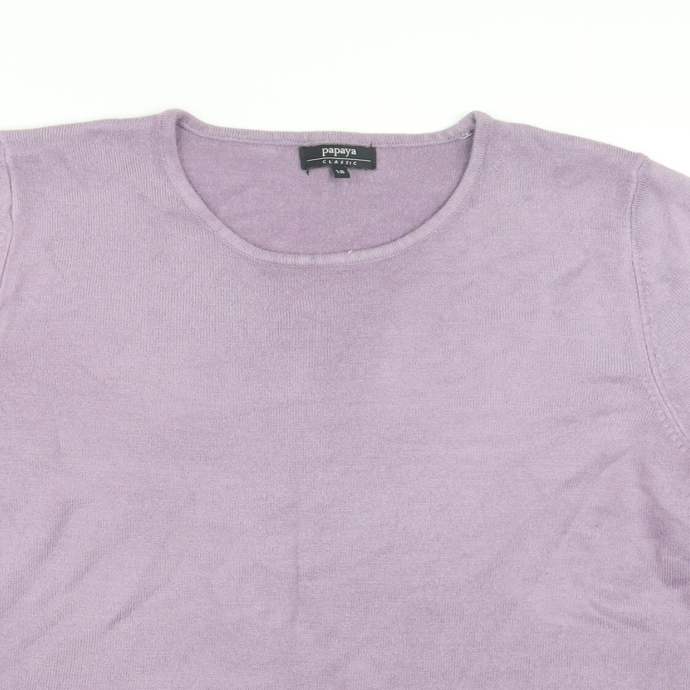 Close-up detail of Papaya women’s purple knit jumper, size UK 18