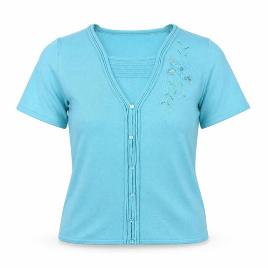 Front view of BM women’s blue floral basic blouse, size S