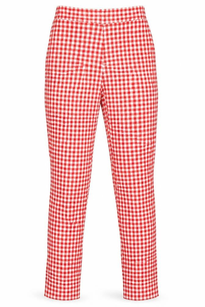 Front view of Astradivarius women’s red check trousers, size UK 6, 26-inch leg