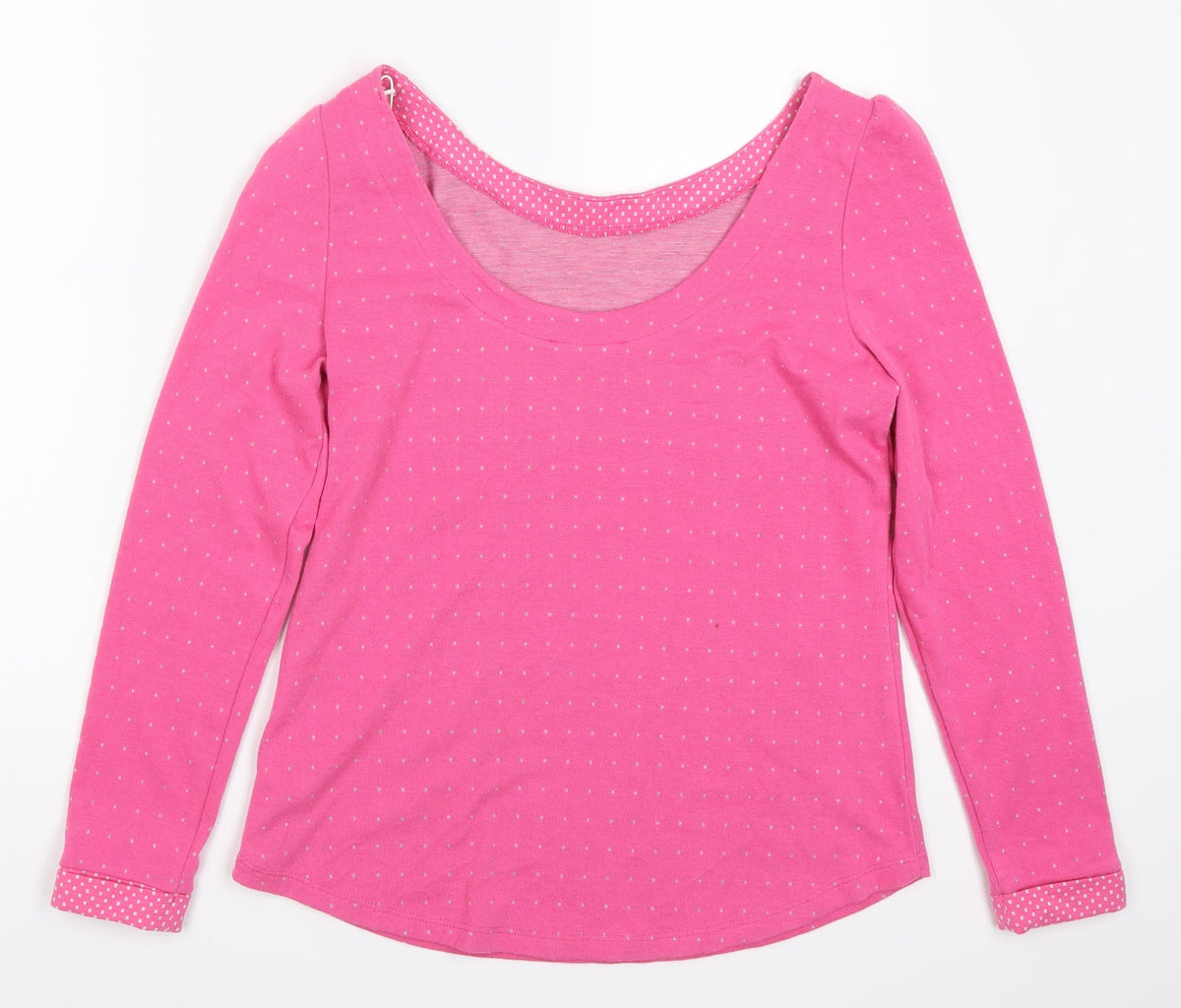Back view of EDC women’s pink polka dot pullover sweatshirt, size M