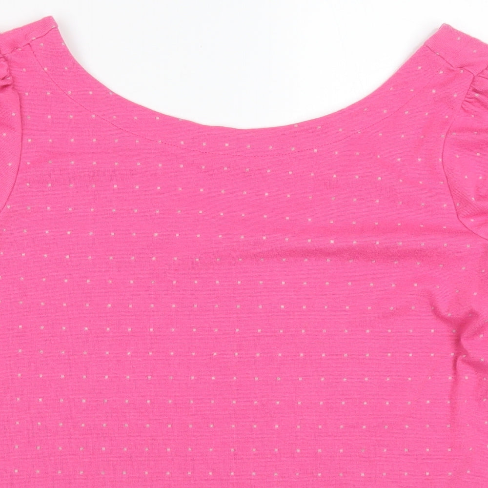 Close-up detail of EDC women’s pink polka dot pullover sweatshirt, size M