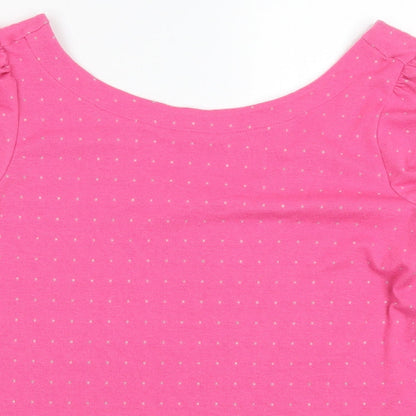 Close-up detail of EDC women’s pink polka dot pullover sweatshirt, size M