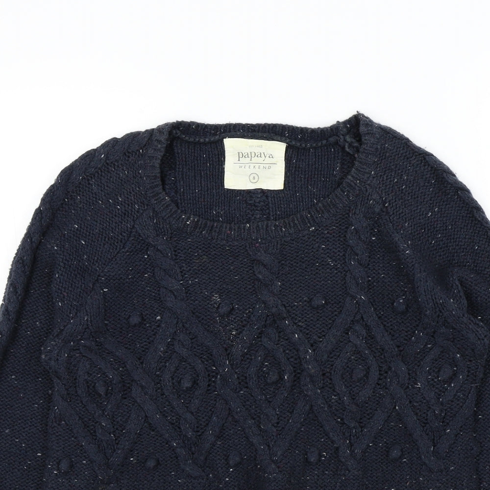 Close-up detail of Papaya women’s blue jumper, size UK 8