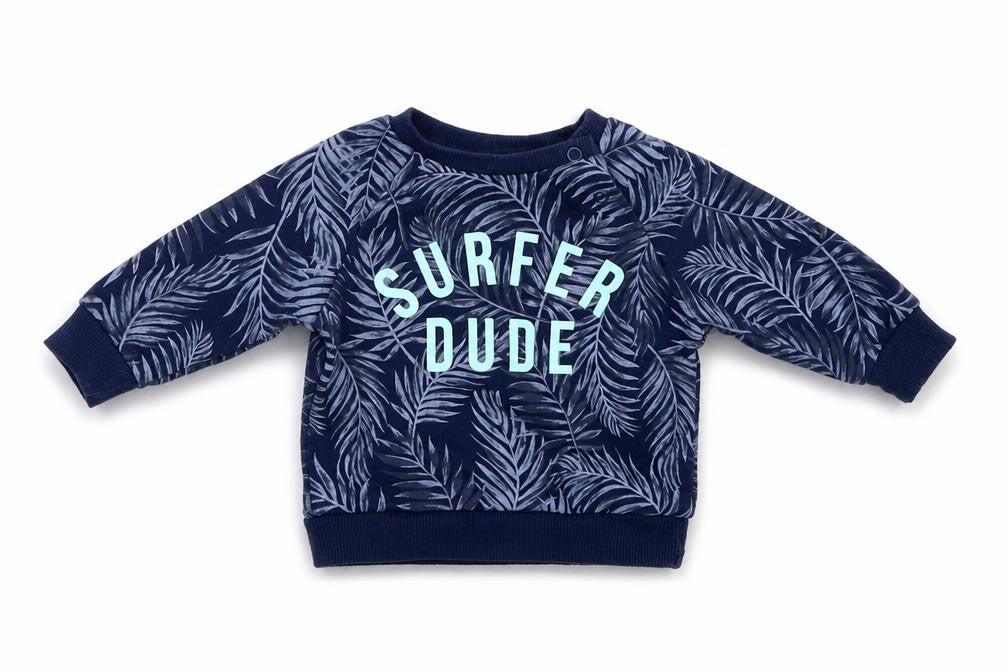 Front view of Primark boys’ blue floral jumper, size 0-3, months