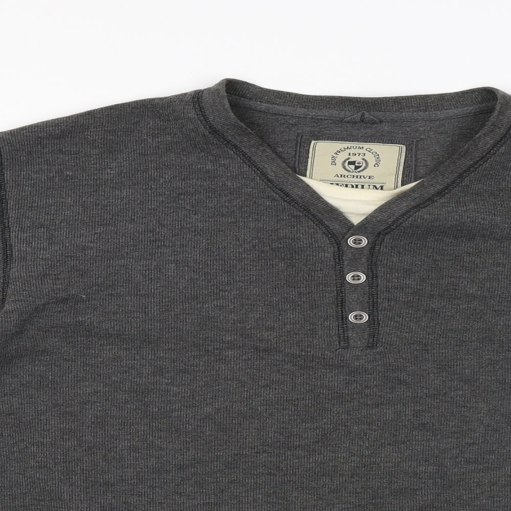 Close-up detail of easy premium clothing men’s grey jumper, size M