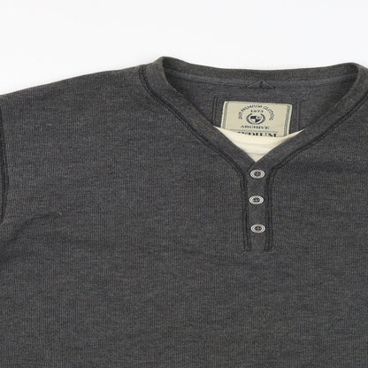 Close-up detail of easy premium clothing men’s grey jumper, size M
