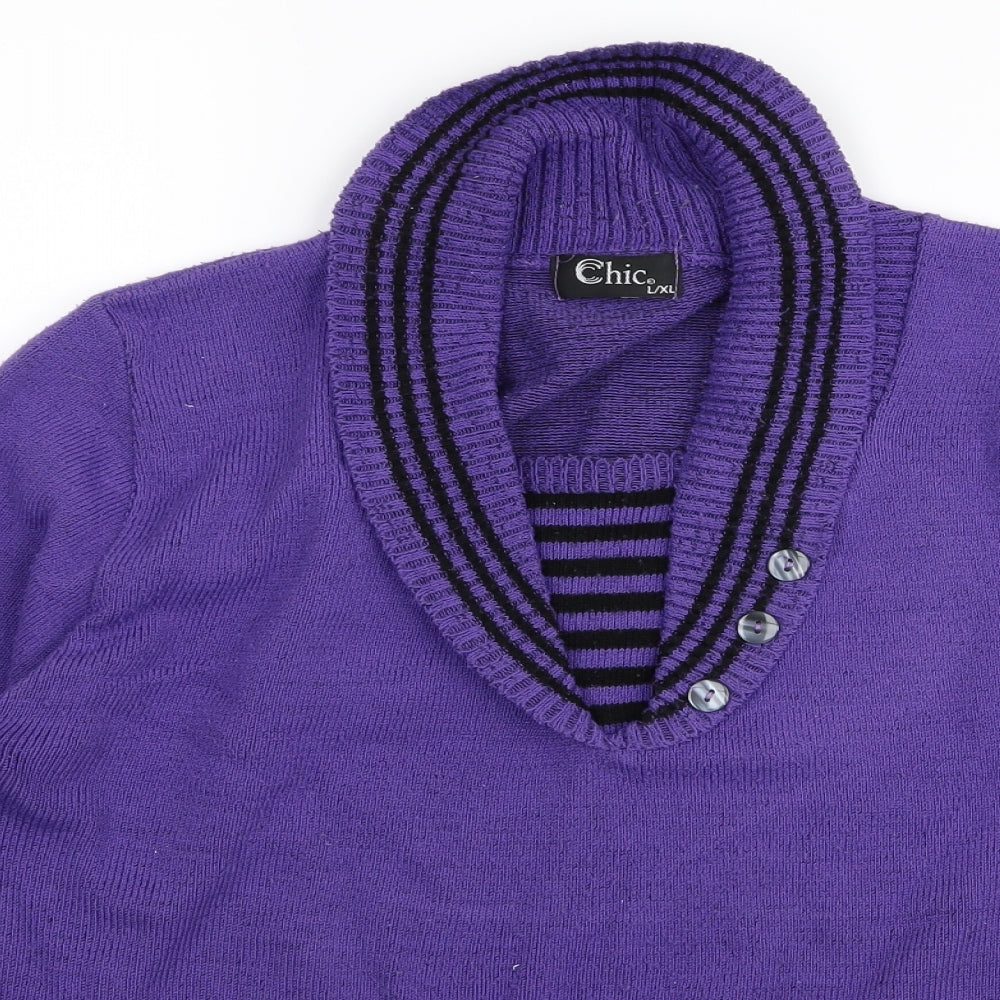 Close-up detail of CHIC women’s purple cardigan jumper, size L