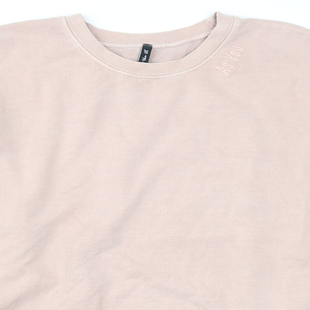 Close-up detail of AsYou women’s pink pullover sweatshirt, size S