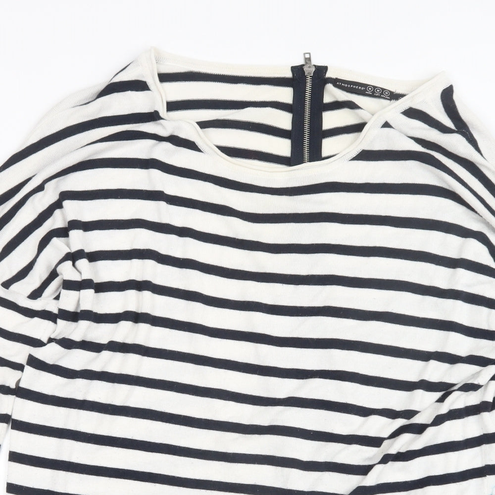 Close-up detail of Atmosphere women’s blue striped knit jumper, size M