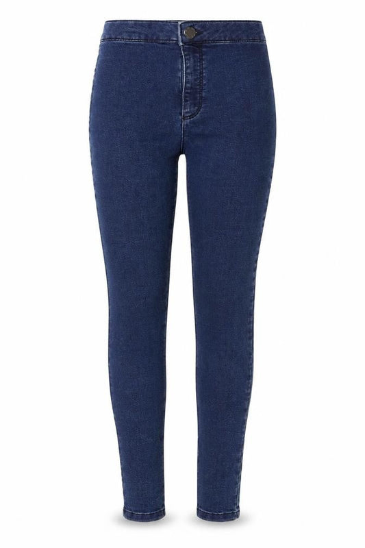 Front view of Miss Selfridge women’s blue denim skinny jeans, size UK 4, 24-inch leg