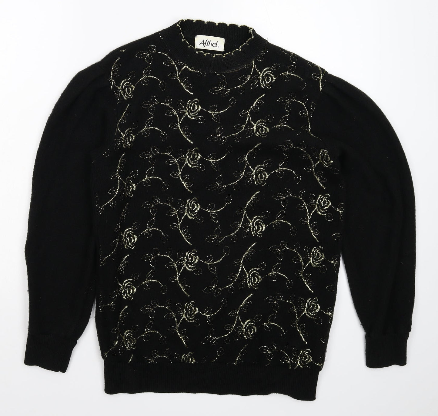 Afibel Womens Black Floral Knit Pullover Jumper Size 12