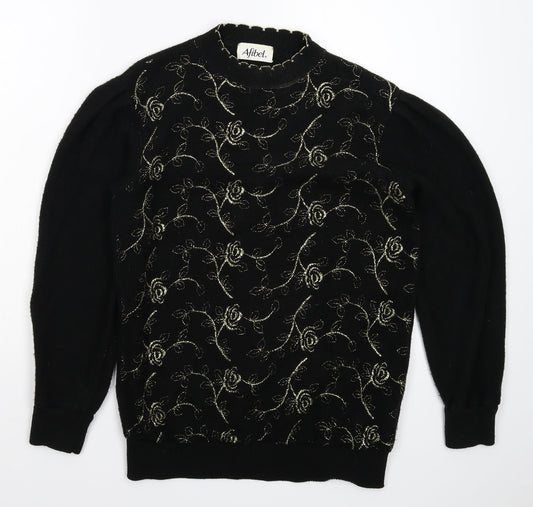 Afibel Womens Black Floral Knit Pullover Jumper Size 12