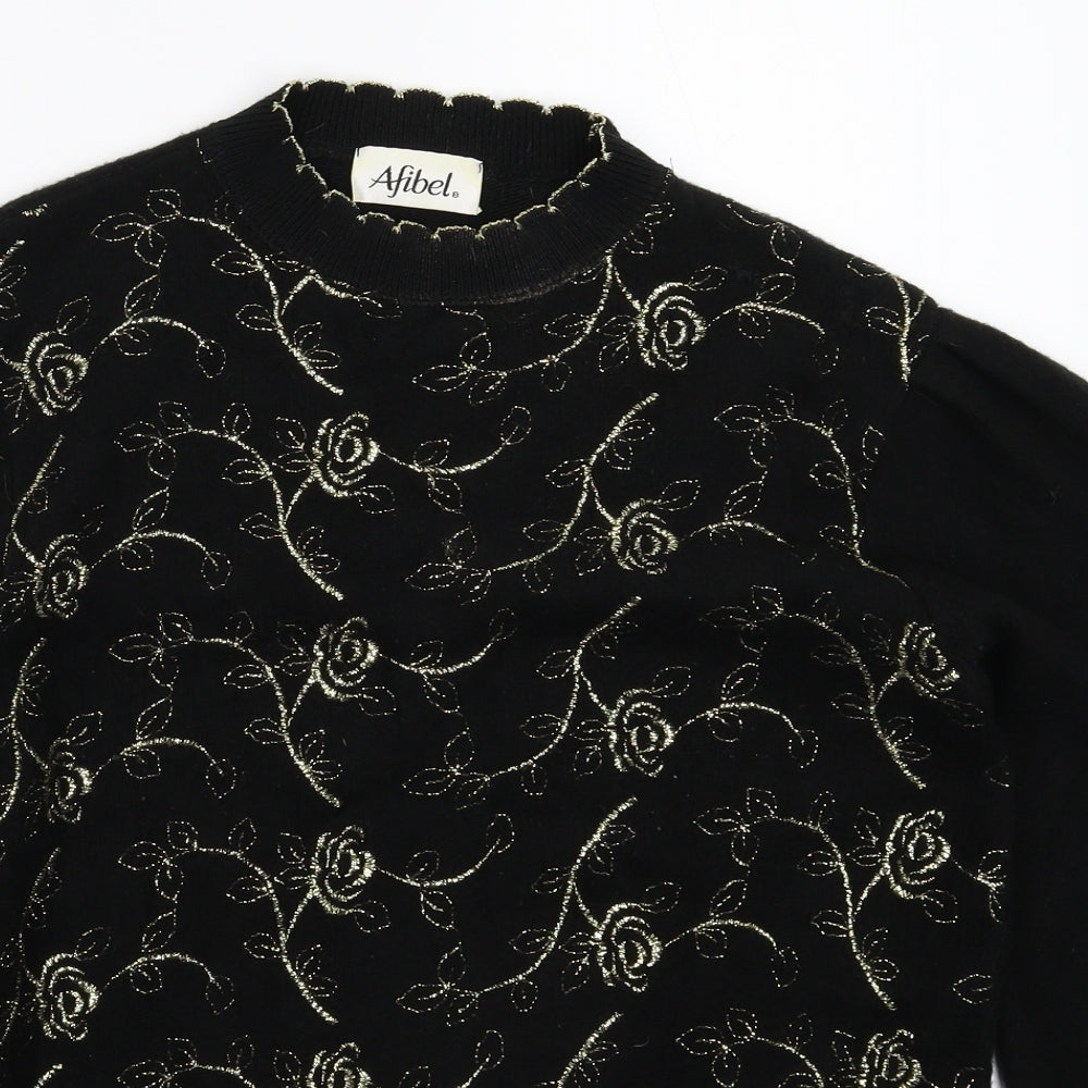 Afibel Womens Black Floral Knit Pullover Jumper Size 12