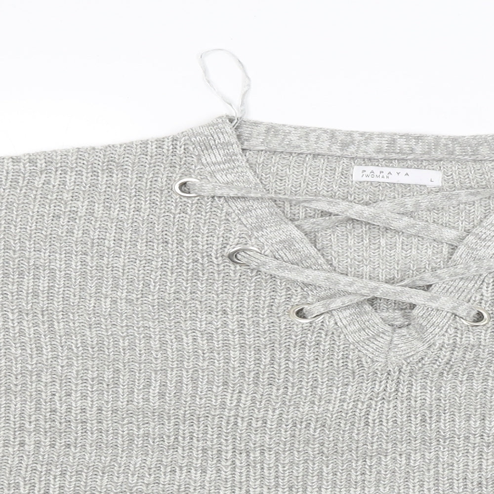 Close-up detail of Papaya women’s grey jumper, size L