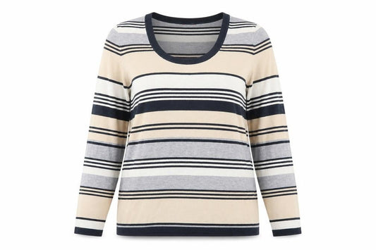 Front view of Savoir women’s grey striped jumper, size UK 16