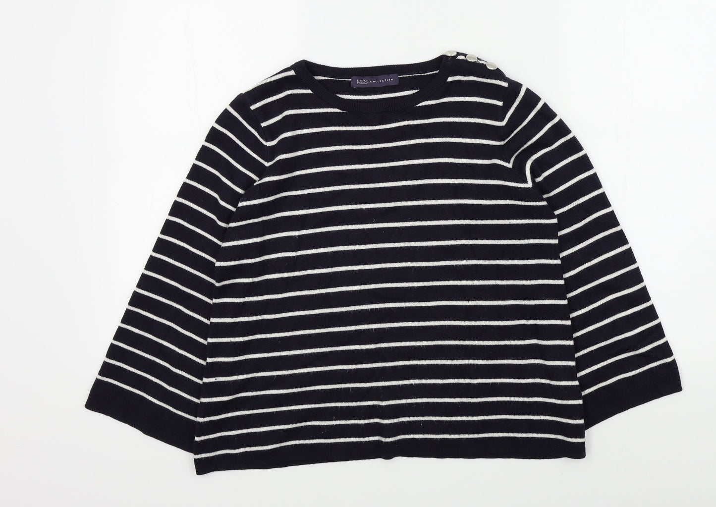 M&S Womens Blue Striped  Pullover Jumper Size 14  - button detail on shoulder