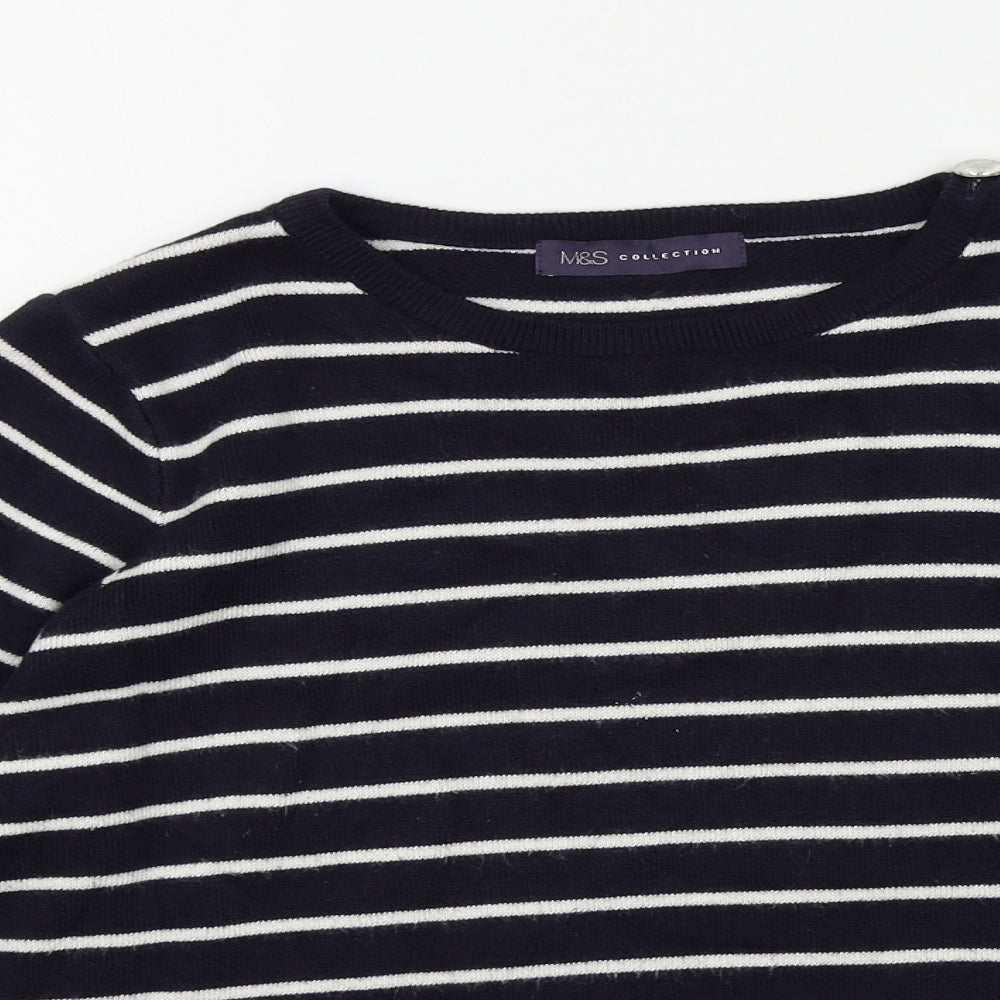 M&S Womens Blue Striped  Pullover Jumper Size 14  - button detail on shoulder