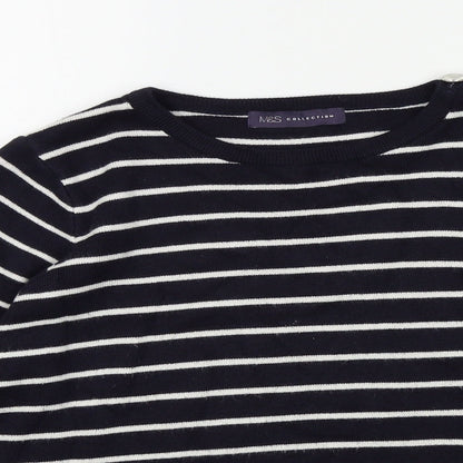 M&S Womens Blue Striped  Pullover Jumper Size 14  - button detail on shoulder