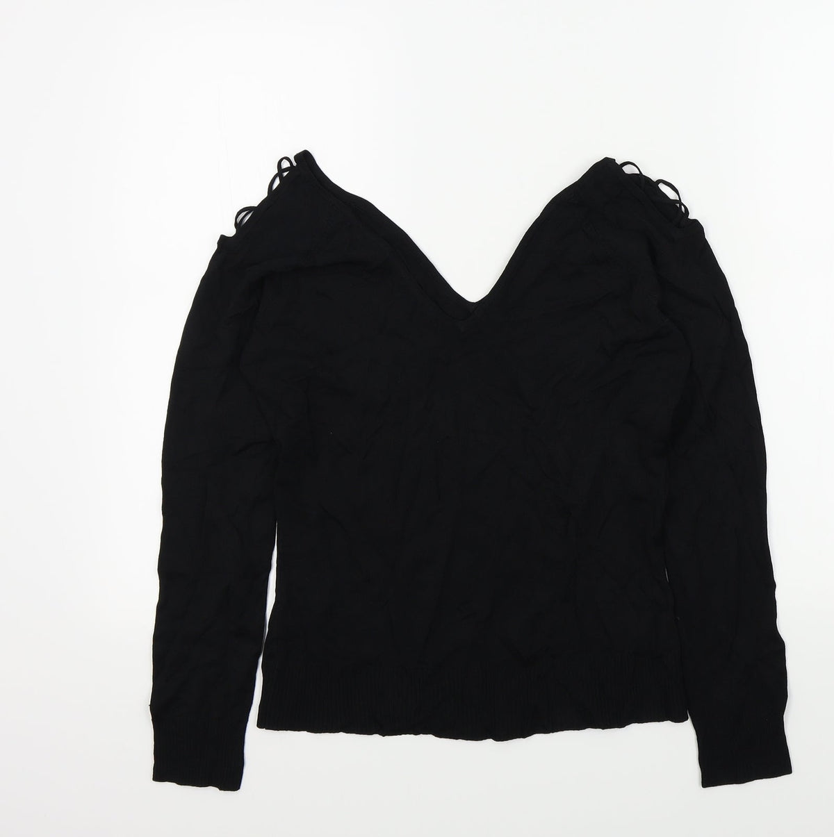Additional front view of evie women’s black jumper, size UK 14, - open shoulders
