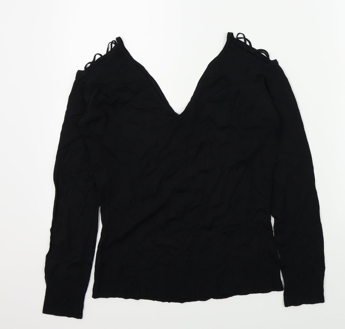 Back view of evie women’s black jumper, size UK 14, - open shoulders