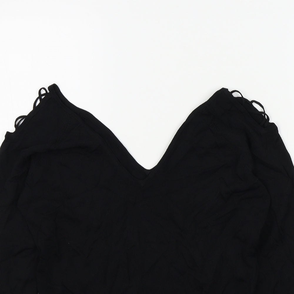 Close-up detail of evie women’s black jumper, size UK 14, - open shoulders
