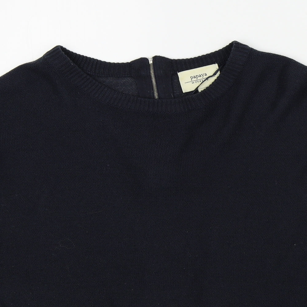 Close-up detail of Papaya women’s blue jumper, size M