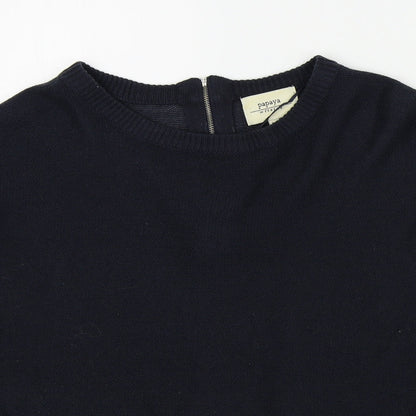 Close-up detail of Papaya women’s blue jumper, size M