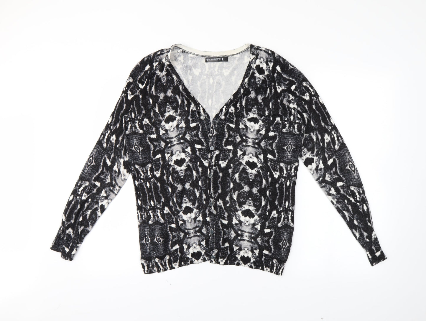 Encuento Womens Black Geometric  Cardigan Jumper Size L