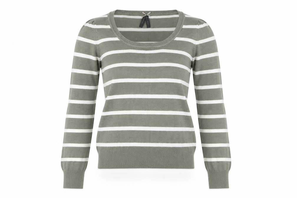 Front view of Atmosphere women’s green striped jumper, size UK 8