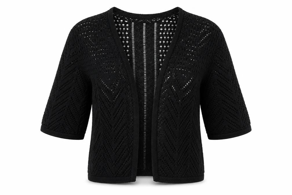 Front view of Soon women’s black cardigan jumper, size UK 10