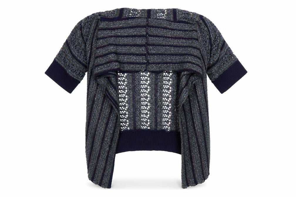 Front view of Miss Selfridge women’s blue striped wrap jumper, size UK 8