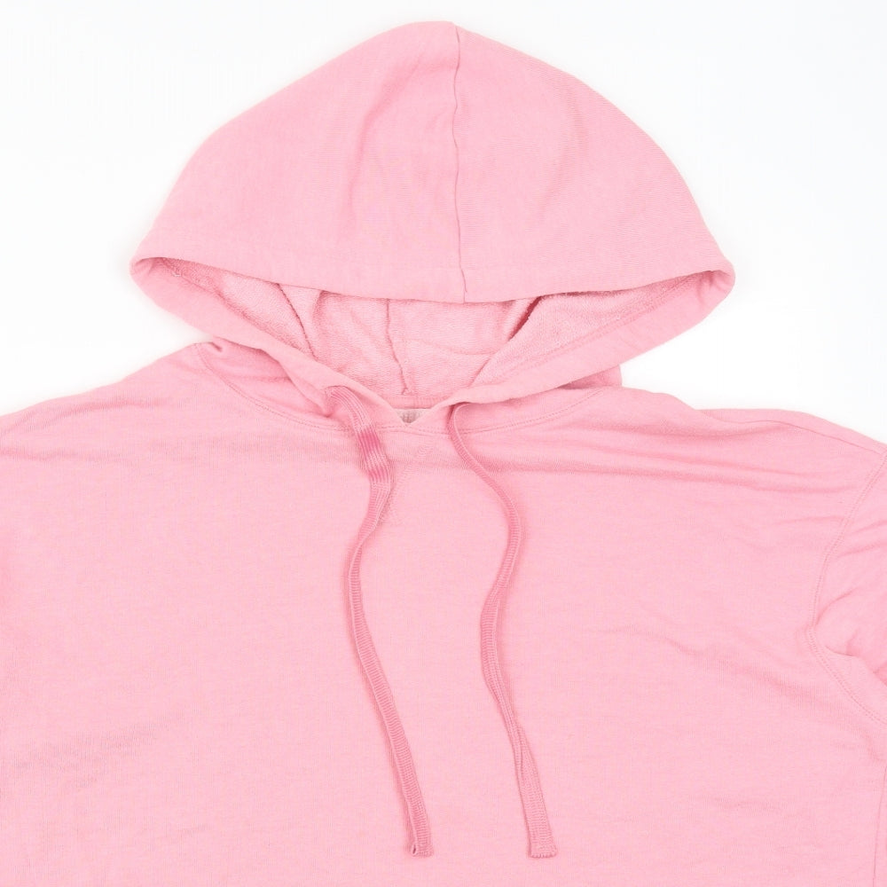 Close-up detail of Cooperative women’s pink pullover hoodie, size L