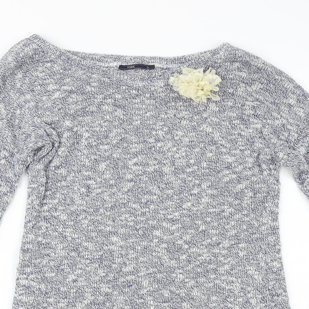 Close-up detail of Xside women’s blue geometric jumper, size L