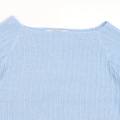 Close-up detail of TRU women’s blue knit jumper, size L